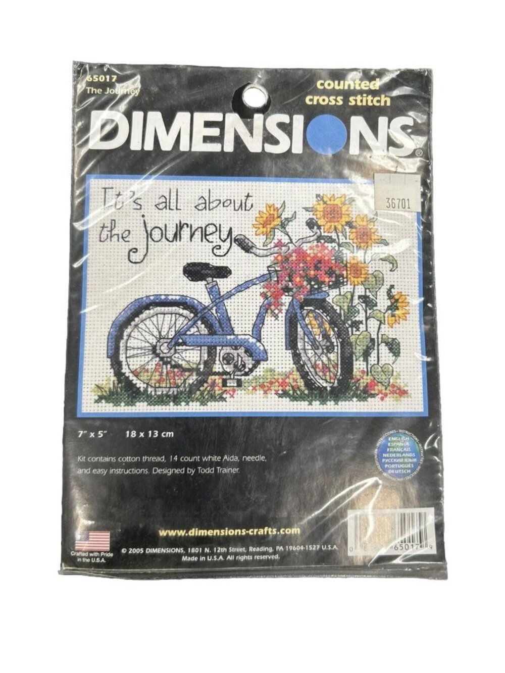 Dimensions Cross Stitch Kit "The Journey" 65017 Bike & Flowers Open Bag 7"x 5"